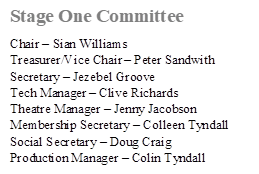 Stage One Committee
Chair – Sian Williams
Treasurer/Vice Chair – Peter Sandwith
Secretary – Jezebel Groove
Tech Manager – Clive Richards
Theatre Manager – Jenny Jacobson
Membership Secretary – Colleen Tyndall
Social Secretary – Doug Craig
Production Manager – Colin Tyndall